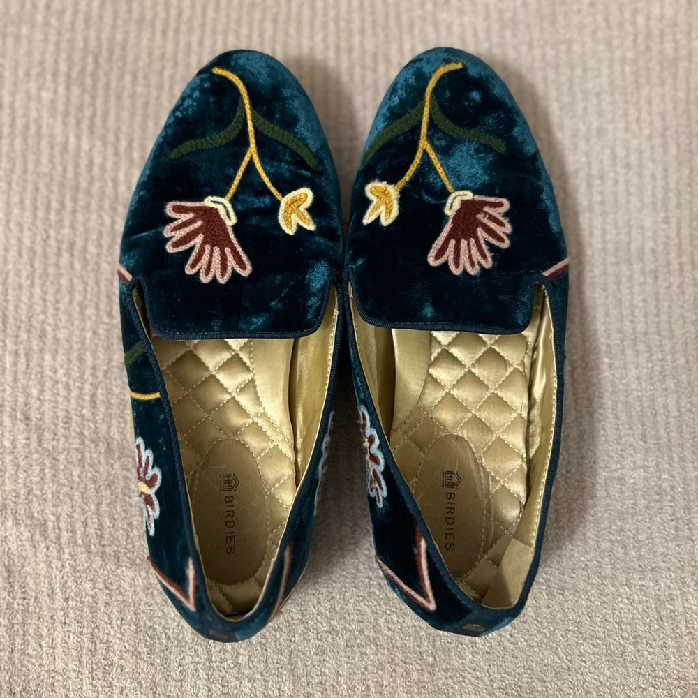 Birdies Velvet Floral Embroidered Loafers - Teal and Gold